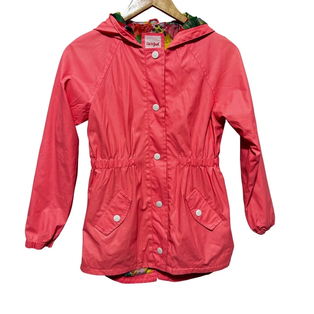Cat And Jack Girl Rain Jacket L Pink Hooded Floral Lined Lightweight Windbreaker